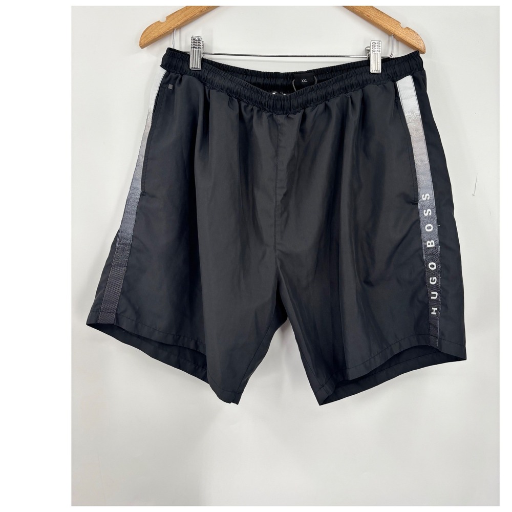 Hugo Boss Swim Shorts Mens XXL Black Silver Logo Stripe Trunks Beachwear